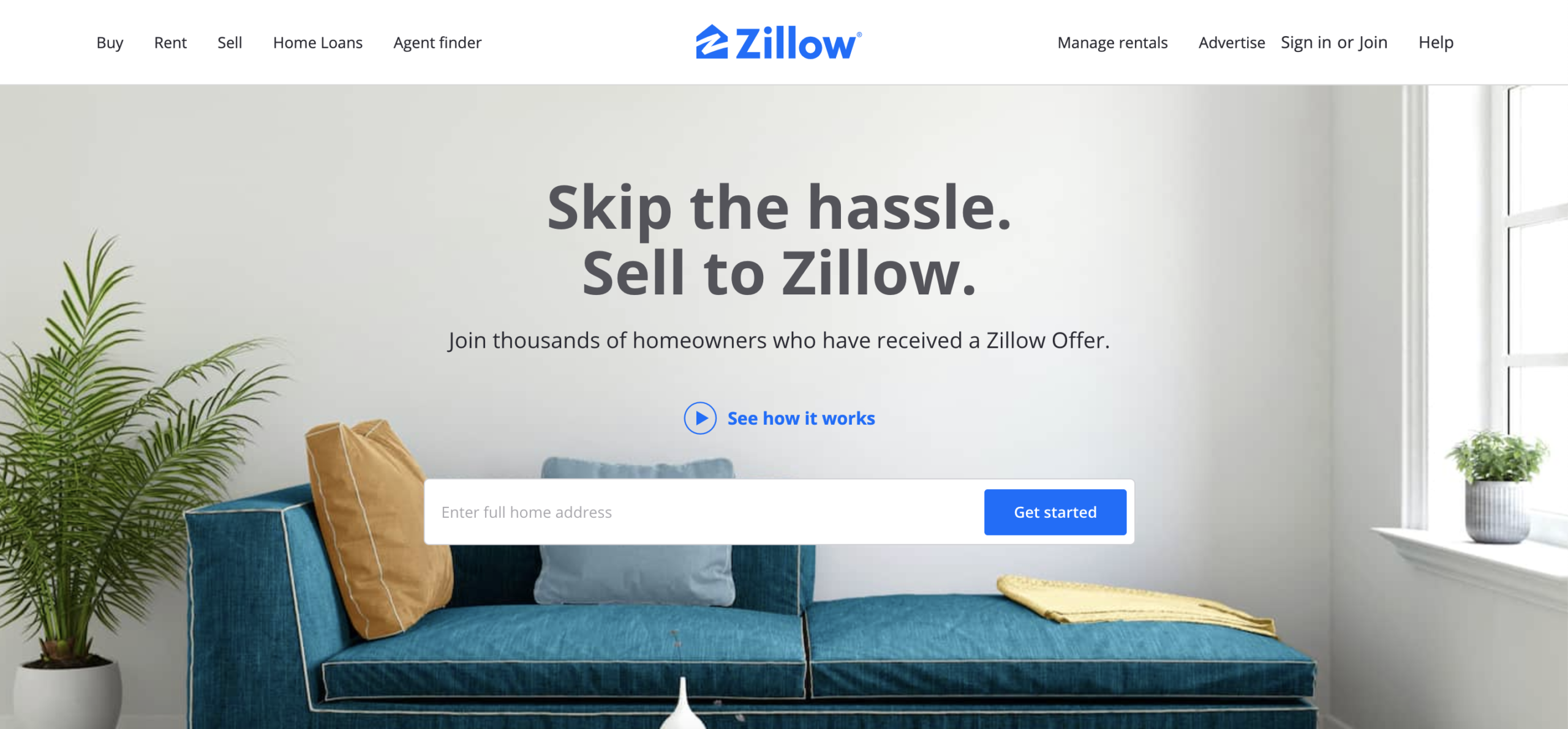 Zillow Offers homepage, offering to sell your home