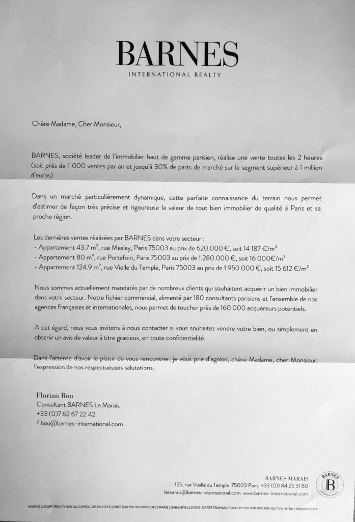 Letter by BARNES International Realty, to get new listings