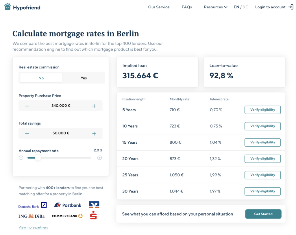 hypofriend's mortgage rate calculator, simulating the purchase of a home in Berlin, Germany