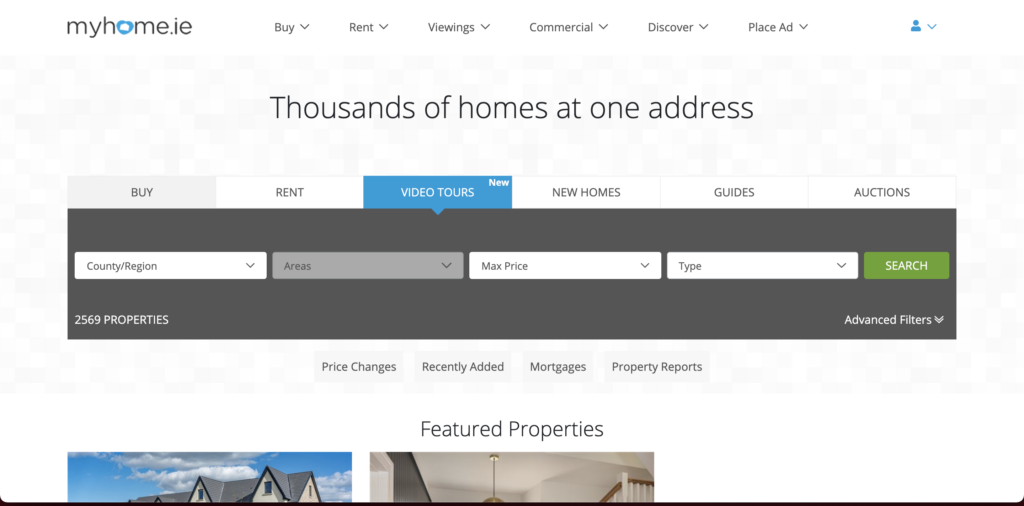 Homepage of myhome.ie - November 2020 - properties for sale can be visited via video tours