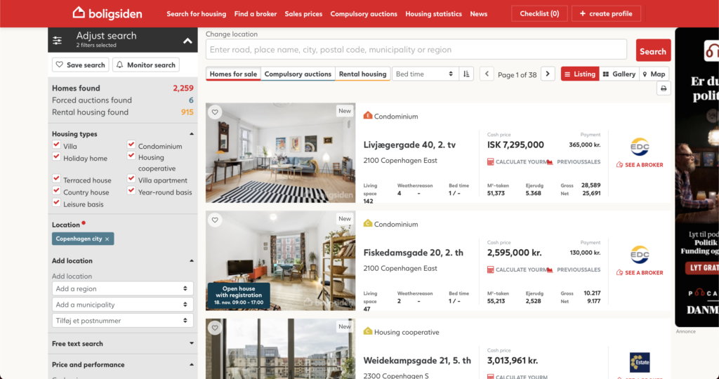 Search result page on Boligsiden.dk - November 2020 - flats for sale in Copenhagen