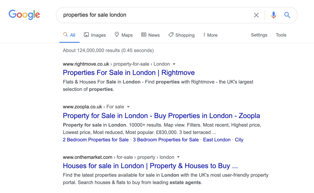 Rightmove and Zoopla are top portals for searches for properties for sale in London