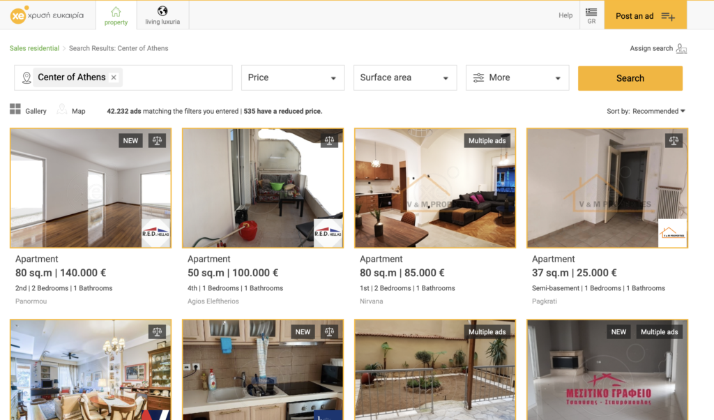 Search result page on XE.gr – year 2021 – flats for sale in Athens, Greece